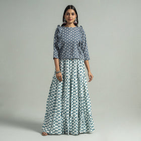 Sanganeri Block Printed Tiered Cotton Long Skirt 