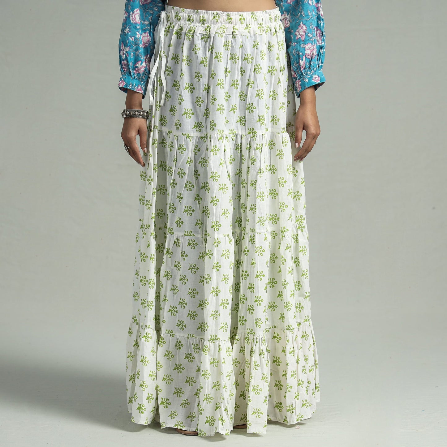 White - Sanganeri Block Printed Tiered Cotton Long Skirt