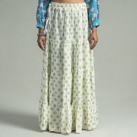 White - Sanganeri Block Printed Tiered Cotton Long Skirt
