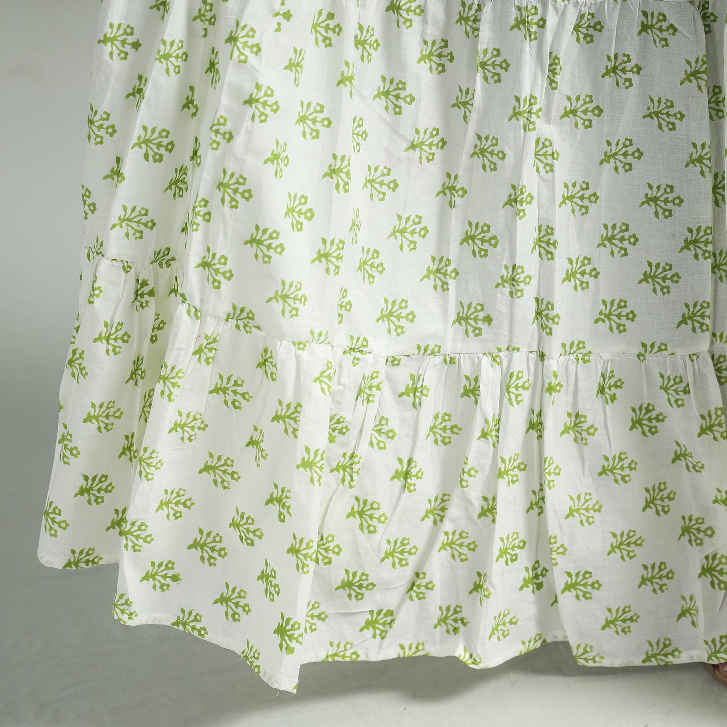 White - Sanganeri Block Printed Tiered Cotton Long Skirt