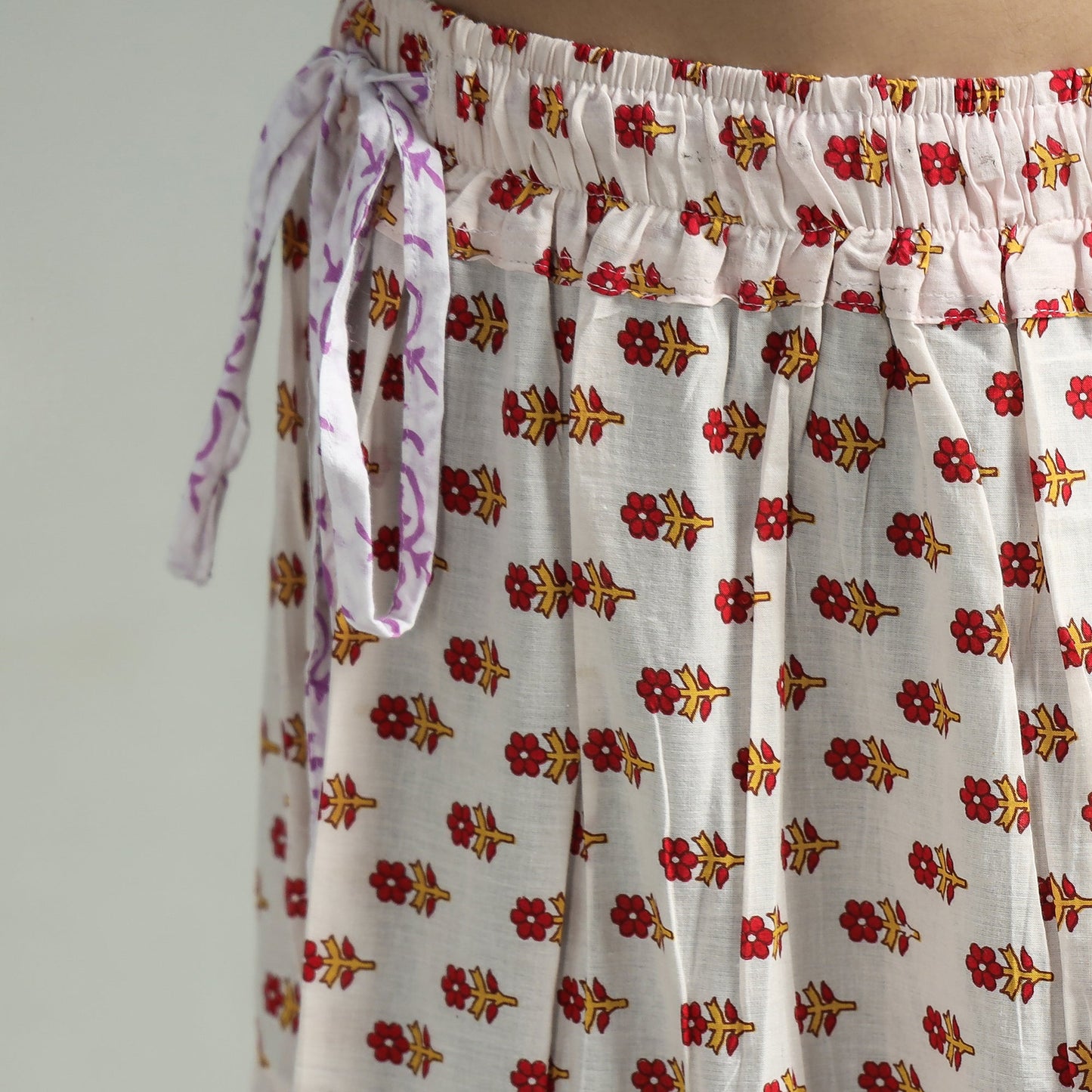 White Sanganeri Block Printed Tiered Cotton Long Skirt 