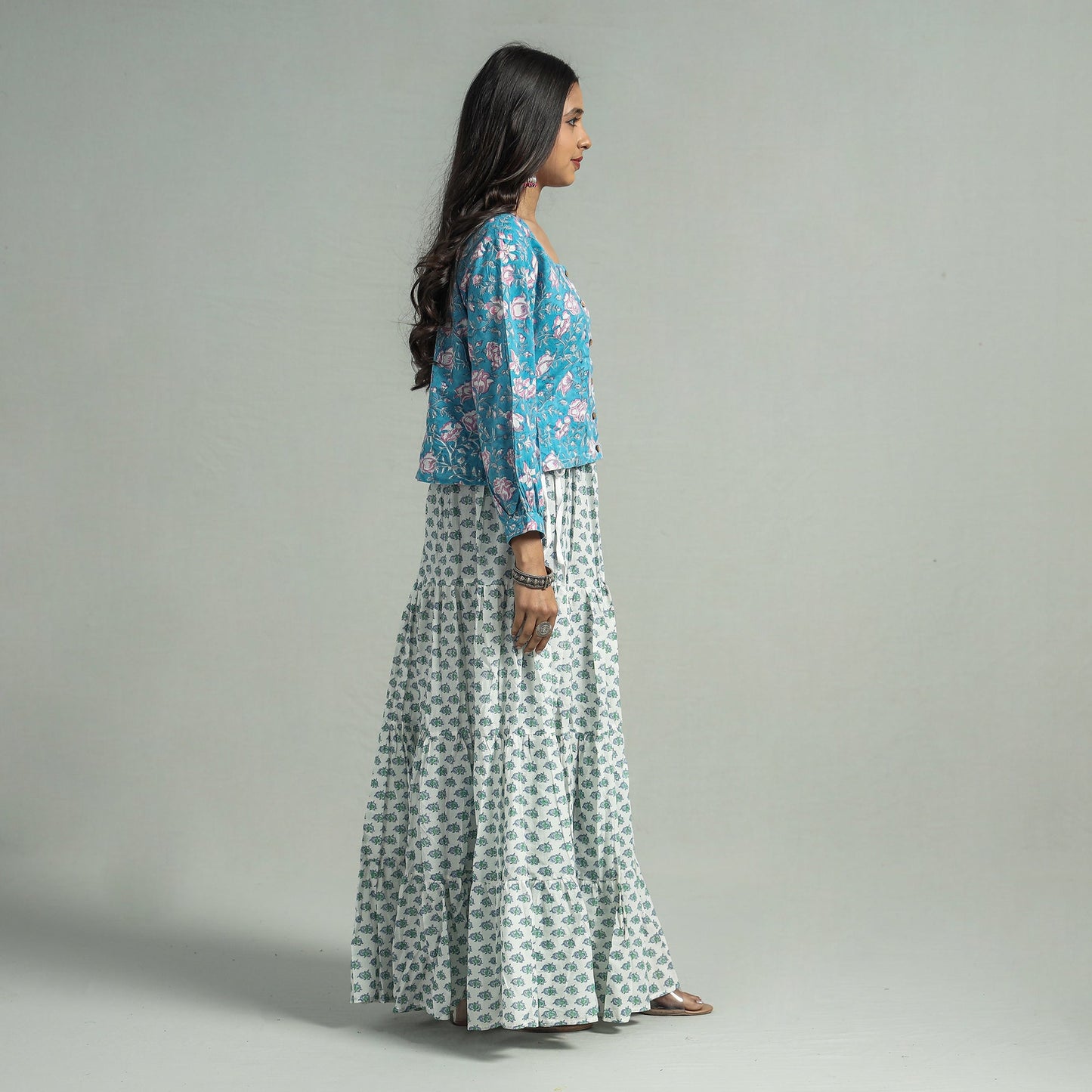 White Sanganeri Block Printed Tiered Cotton Long Skirt 