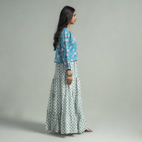 White Sanganeri Block Printed Tiered Cotton Long Skirt 