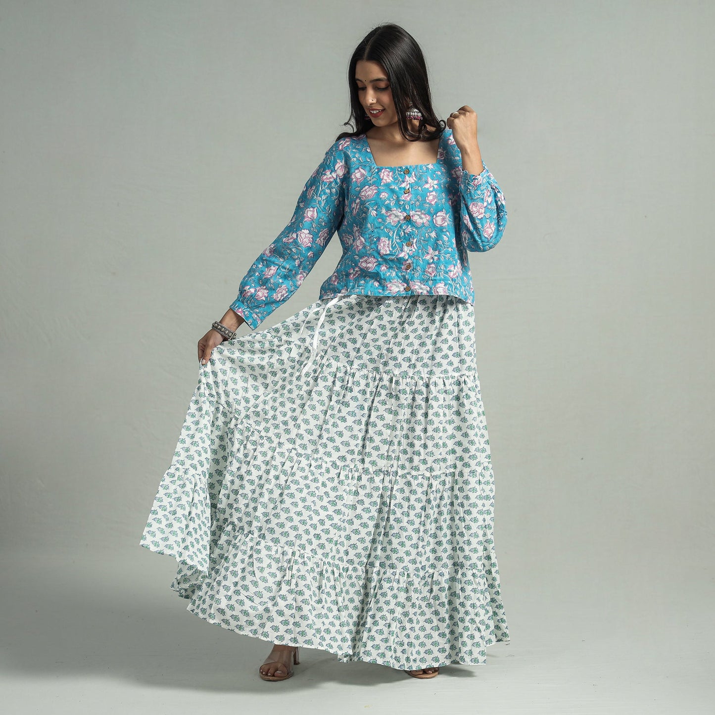 White Sanganeri Block Printed Tiered Cotton Long Skirt 
