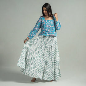 White Sanganeri Block Printed Tiered Cotton Long Skirt 