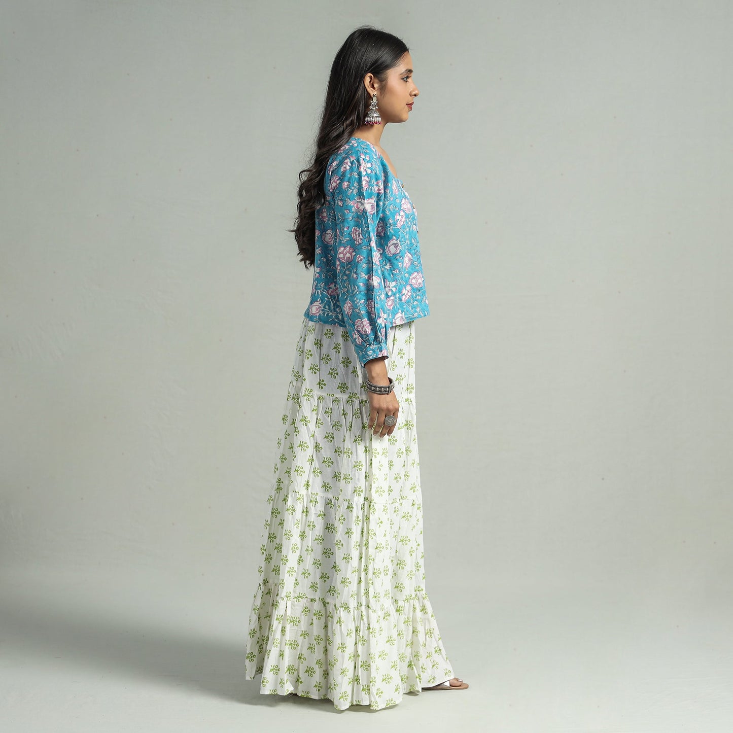 White - Sanganeri Block Printed Tiered Cotton Long Skirt