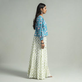 White - Sanganeri Block Printed Tiered Cotton Long Skirt