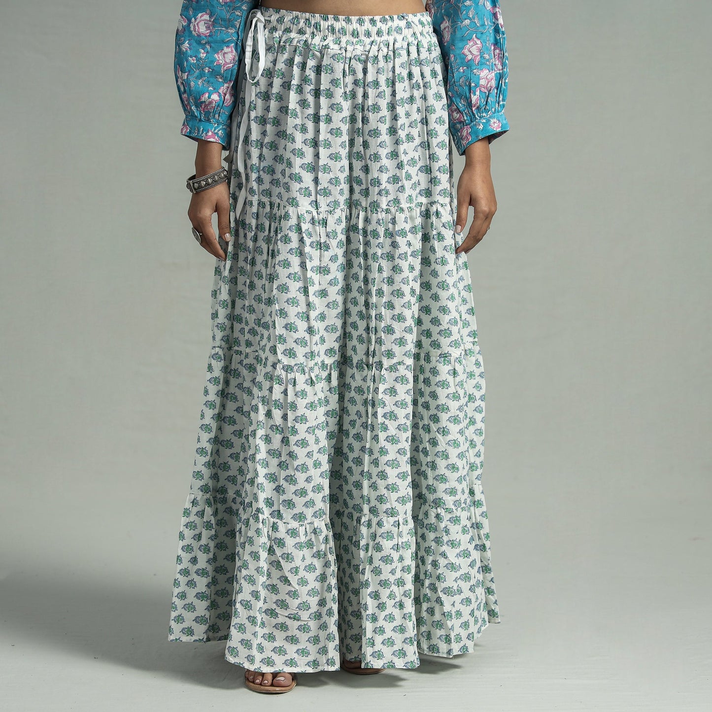 White Sanganeri Block Printed Tiered Cotton Long Skirt 