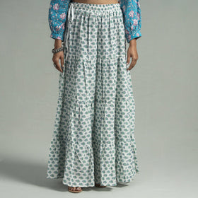White Sanganeri Block Printed Tiered Cotton Long Skirt 