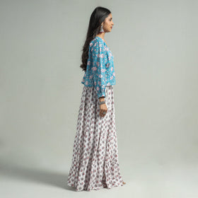 White Sanganeri Block Printed Tiered Cotton Long Skirt 