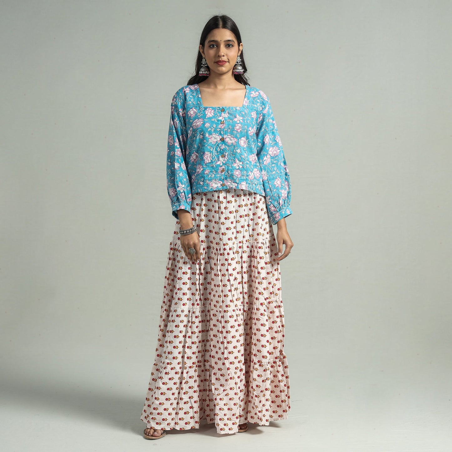 White Sanganeri Block Printed Tiered Cotton Long Skirt 