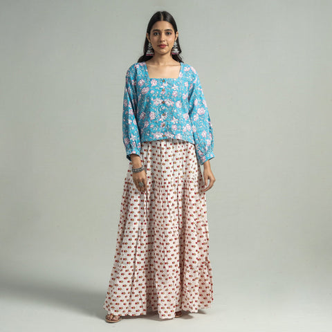 White Sanganeri Block Printed Tiered Cotton Long Skirt 