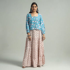 White Sanganeri Block Printed Tiered Cotton Long Skirt 