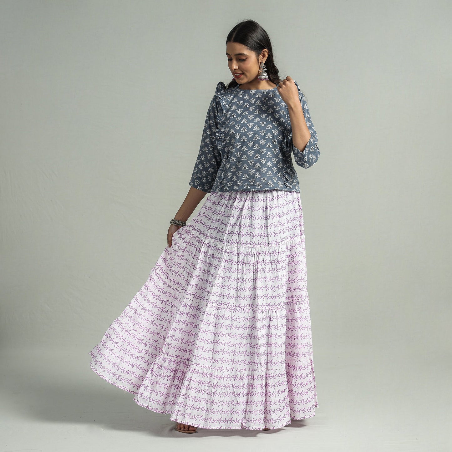 Sanganeri Block Printed Tiered Cotton Long Skirt 