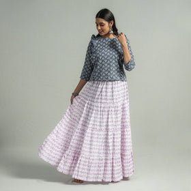 Sanganeri Block Printed Tiered Cotton Long Skirt 