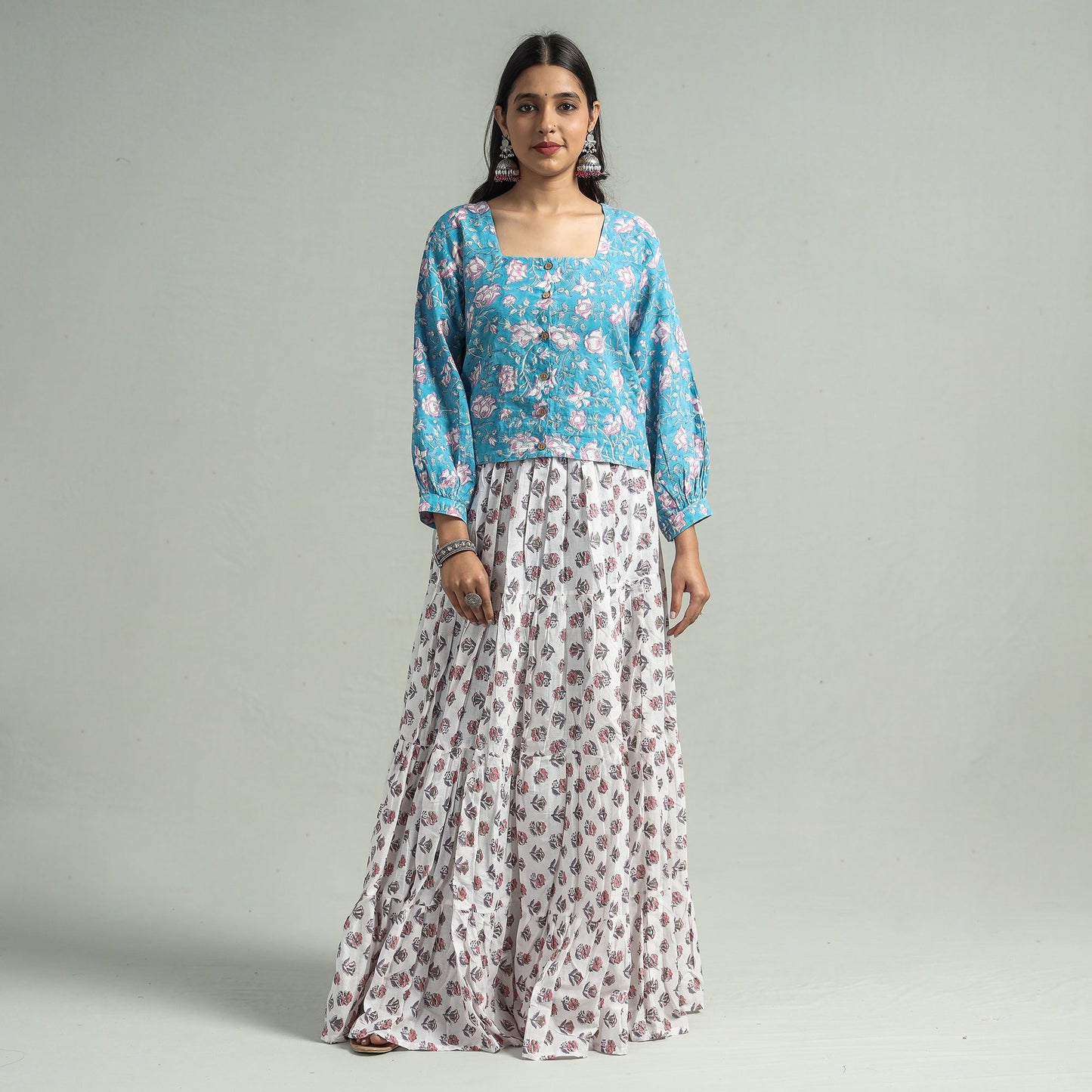 White Sanganeri Block Printed Tiered Cotton Long Skirt 