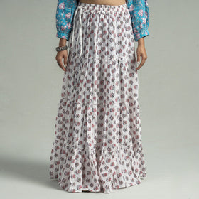 White Sanganeri Block Printed Tiered Cotton Long Skirt 