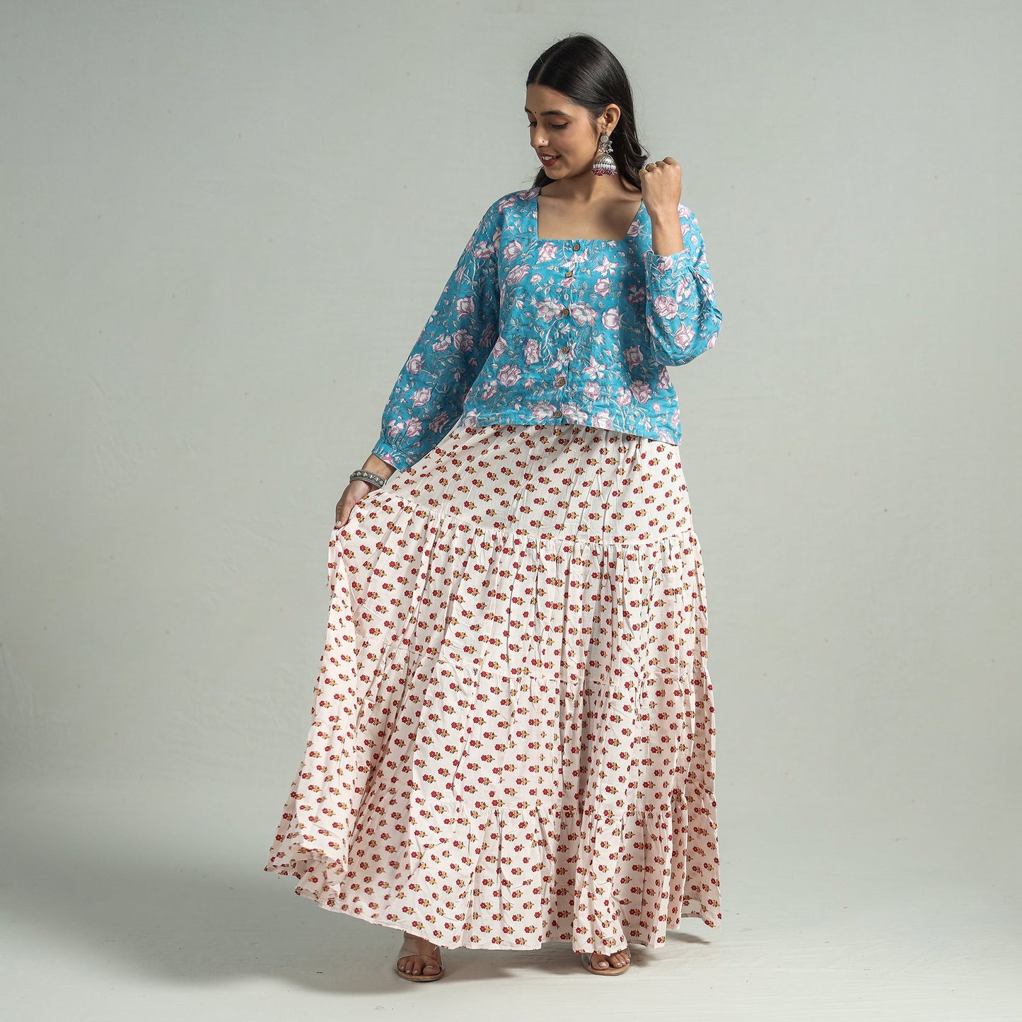 White Sanganeri Block Printed Tiered Cotton Long Skirt 