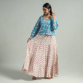 White Sanganeri Block Printed Tiered Cotton Long Skirt 
