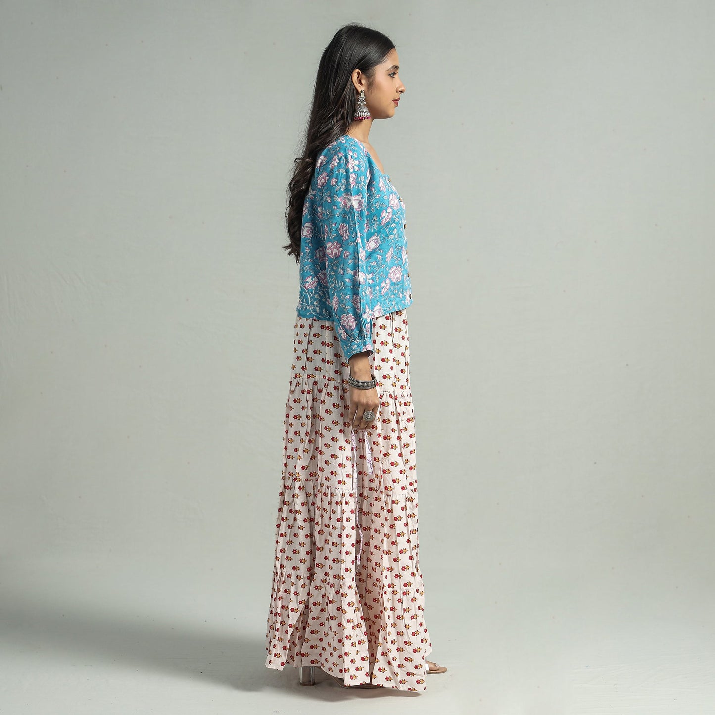 White Sanganeri Block Printed Tiered Cotton Long Skirt 