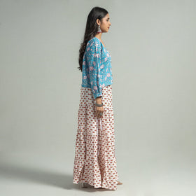 White Sanganeri Block Printed Tiered Cotton Long Skirt 