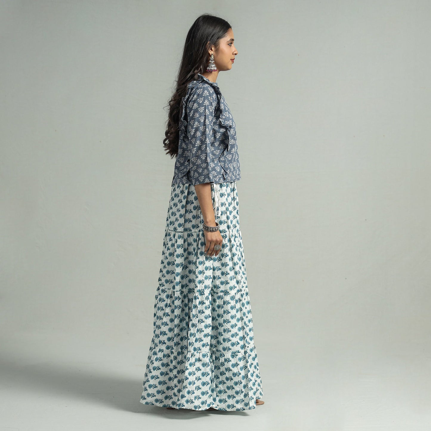 Sanganeri Block Printed Tiered Cotton Long Skirt 