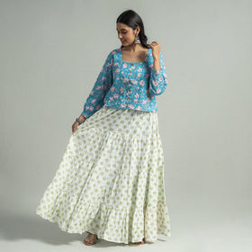 White - Sanganeri Block Printed Tiered Cotton Long Skirt