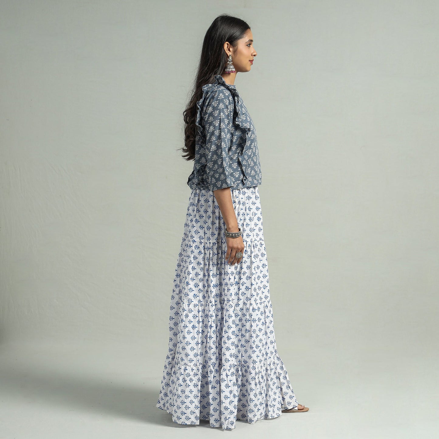 White - Sanganeri Block Printed Tiered Cotton Long Skirt