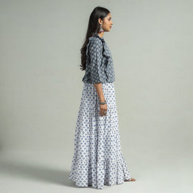 White - Sanganeri Block Printed Tiered Cotton Long Skirt