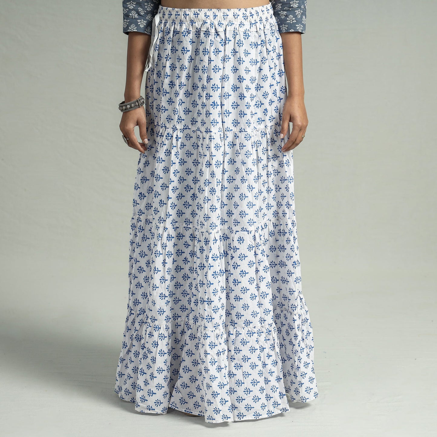 White - Sanganeri Block Printed Tiered Cotton Long Skirt