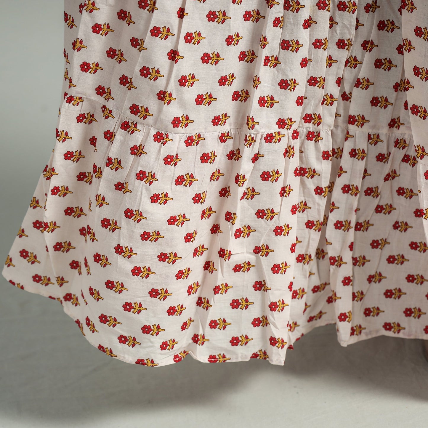 White Sanganeri Block Printed Tiered Cotton Long Skirt 