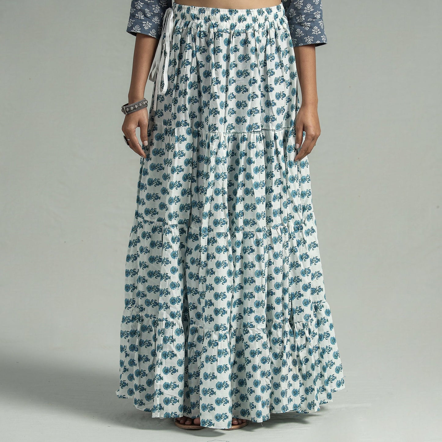 Sanganeri Block Printed Tiered Cotton Long Skirt 