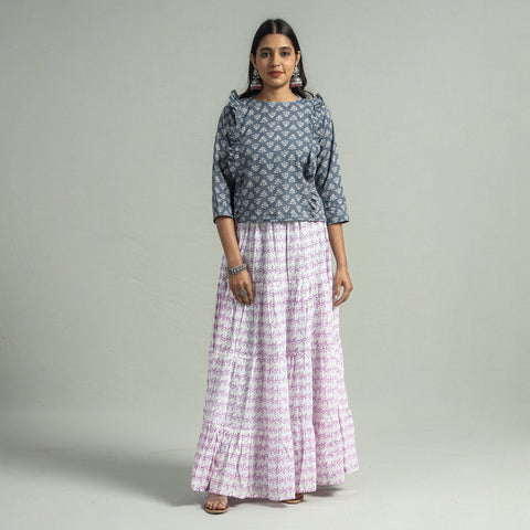 Sanganeri Block Printed Tiered Cotton Long Skirt 