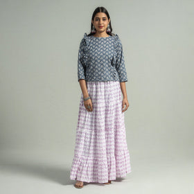 Sanganeri Block Printed Tiered Cotton Long Skirt 
