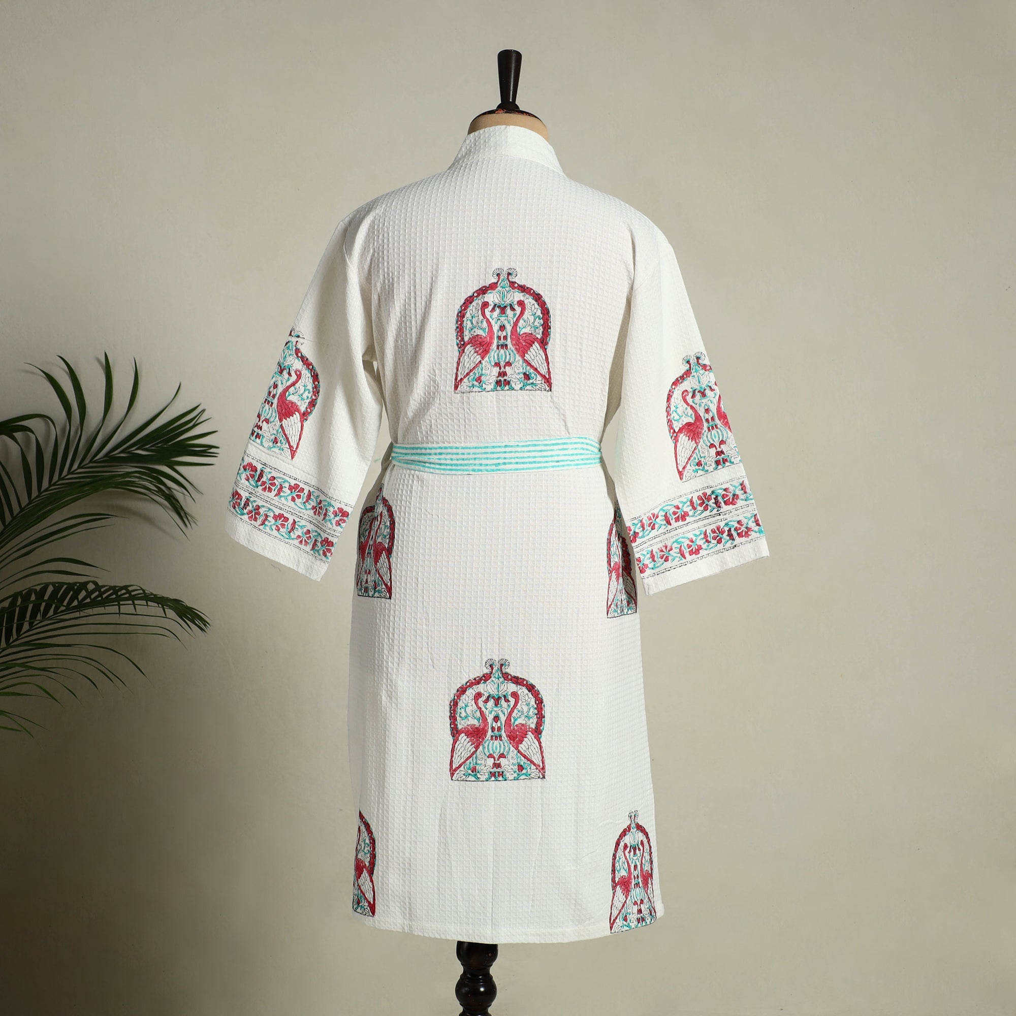 Bath Robe Needle White Sanganeri Block Print Waffle Weave Handwoven Bath Robe