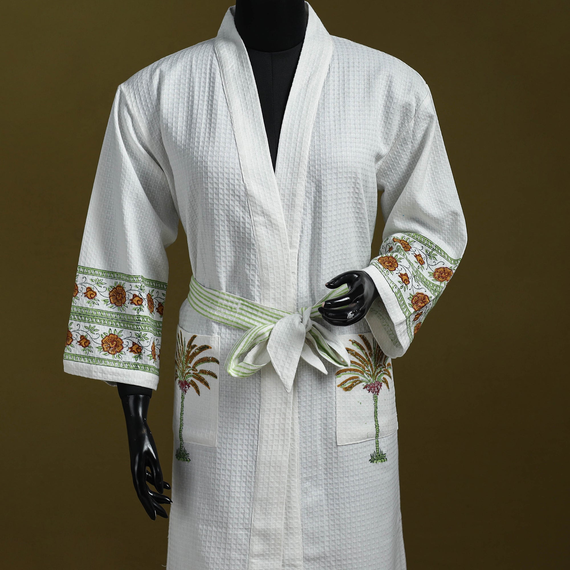Bath Robe Needle White Sanganeri Block Print Waffle Weave Handwoven Bath Robe
