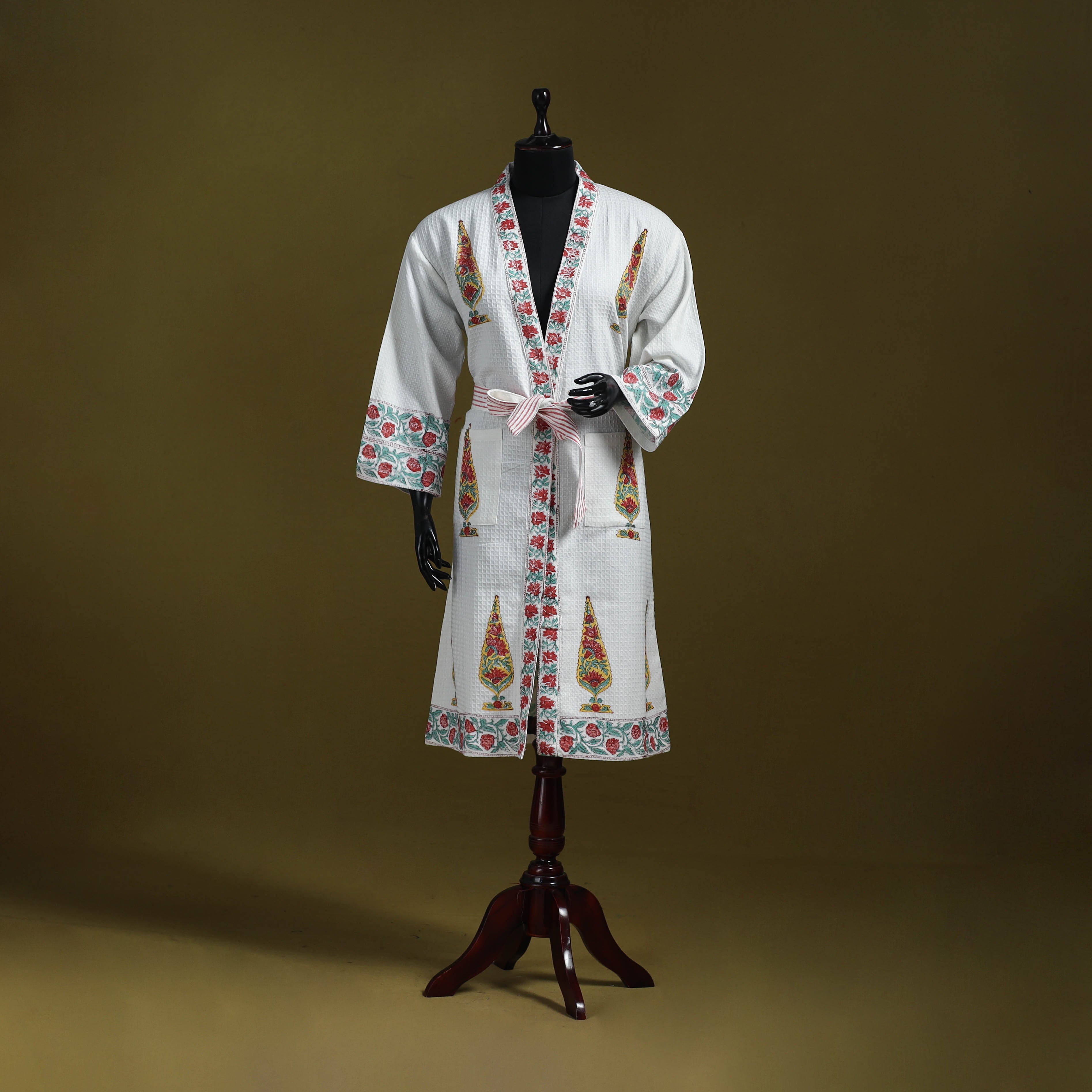 White Sanganeri Block Print Waffle Weave Handwoven Bath Robe