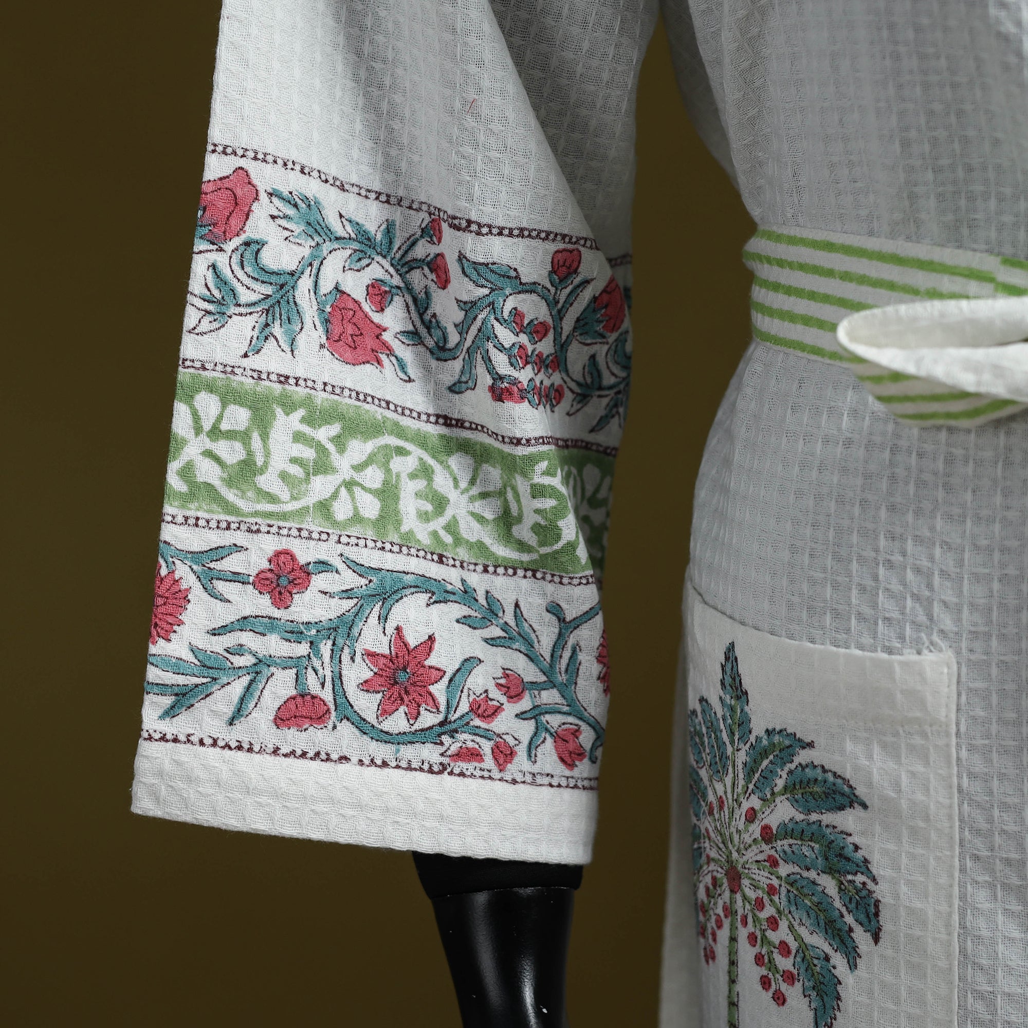 Bath Robe Needle White Sanganeri Block Print Waffle Weave Handwoven Bath Robe