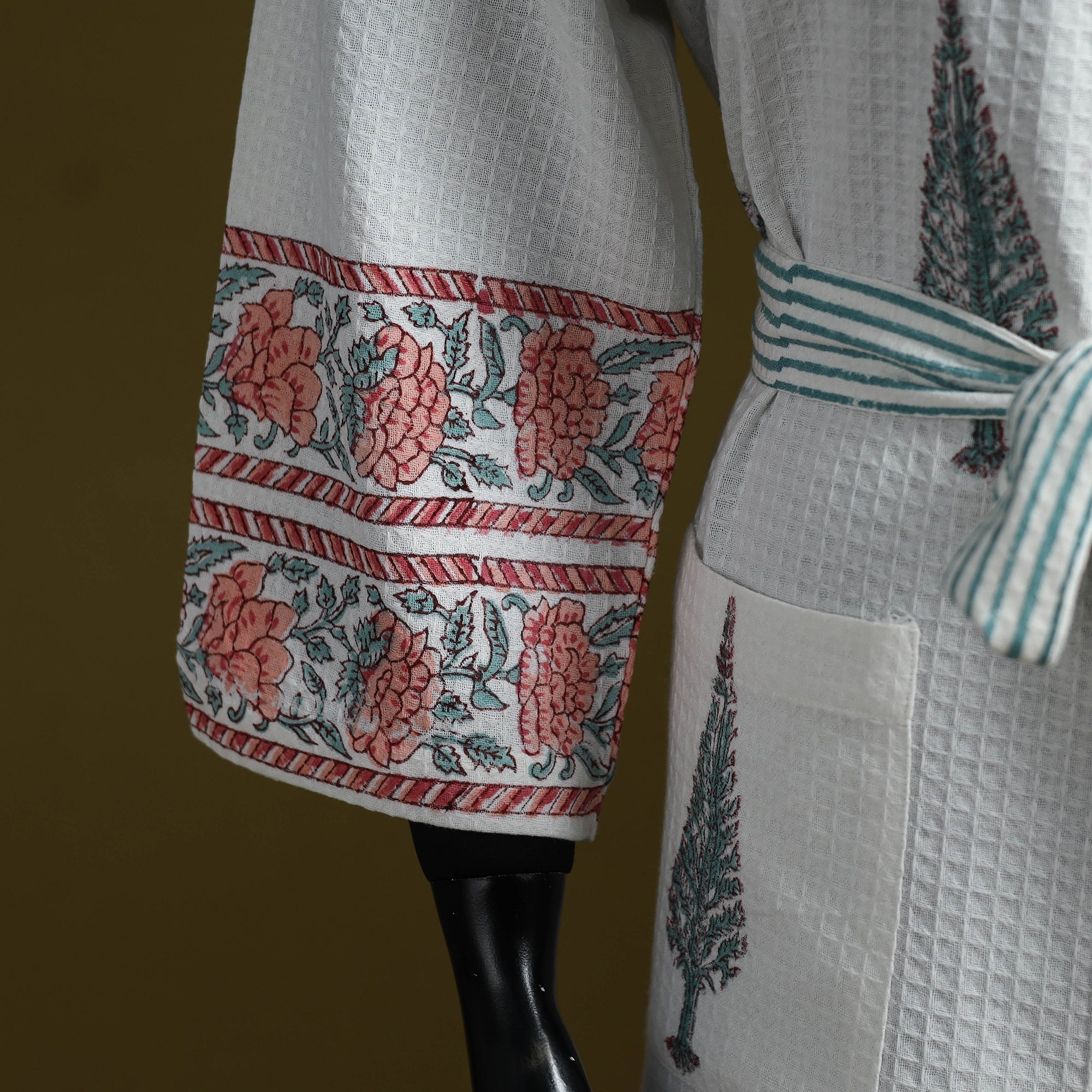 Drawn Block Robe White Sanganeri Block Print Waffle Weave Handwoven Bath Robe