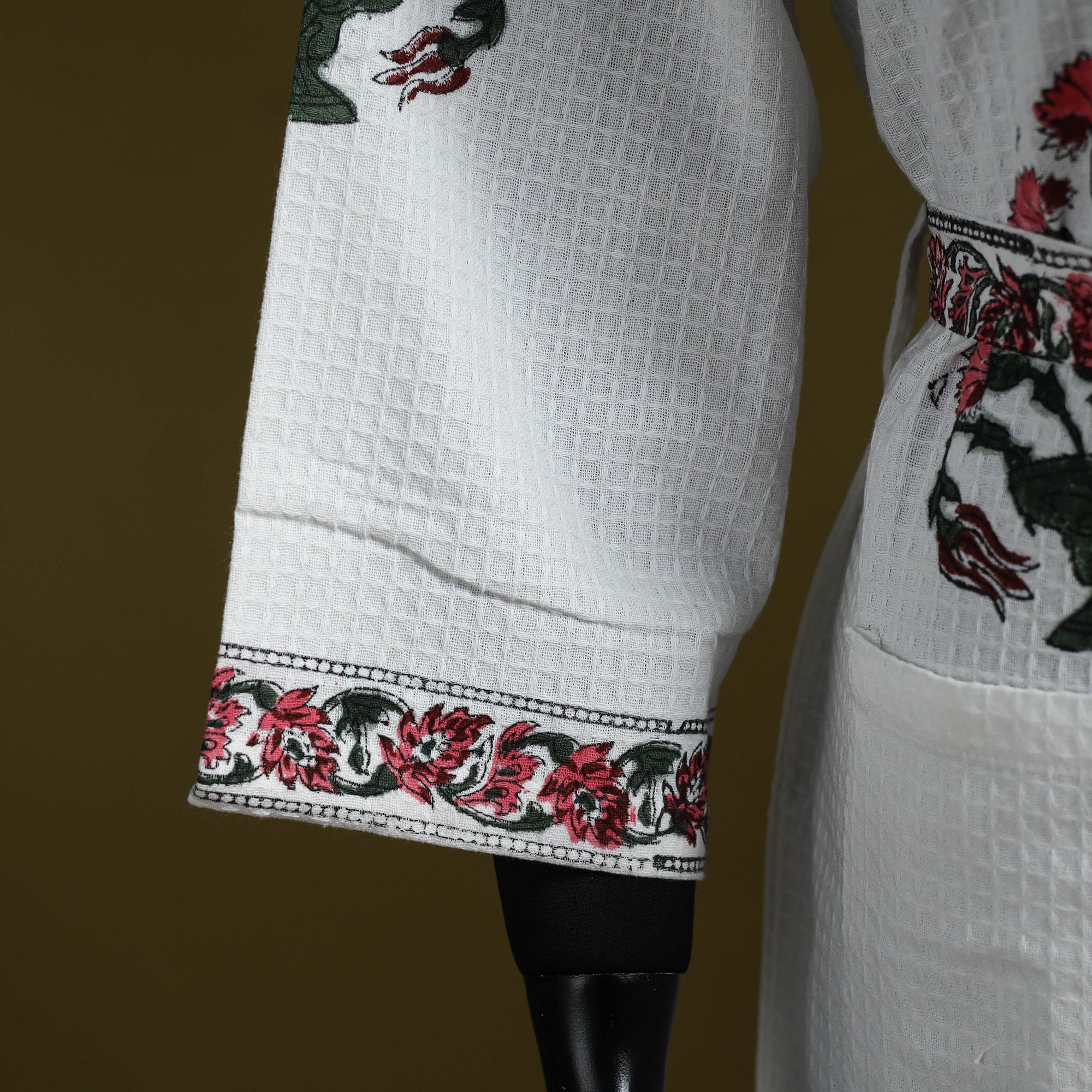 Bath Robe Needle White Sanganeri Block Print Waffle Weave Handwoven Bath Robe