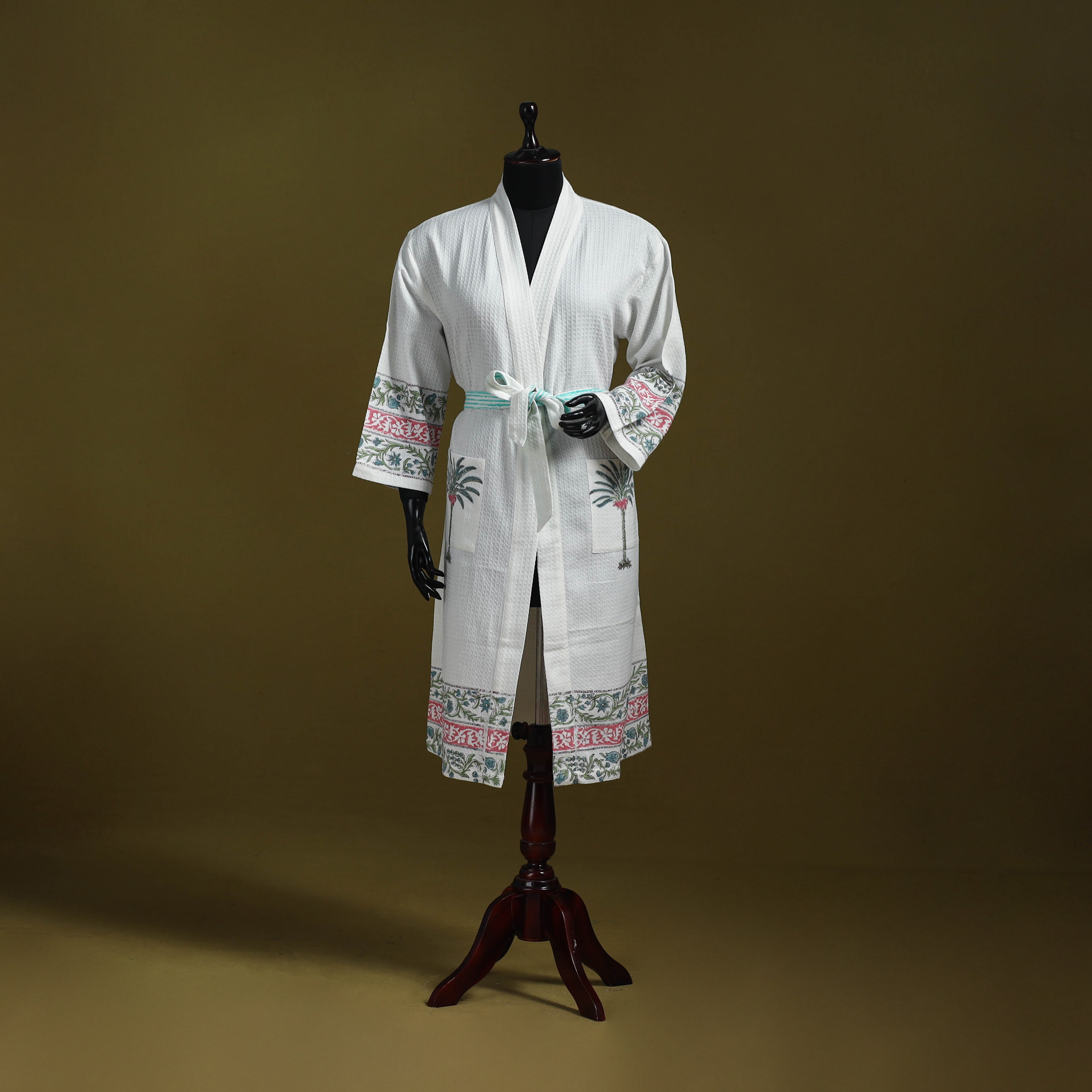 White Sanganeri Block Print Waffle Weave Handwoven Bath Robe