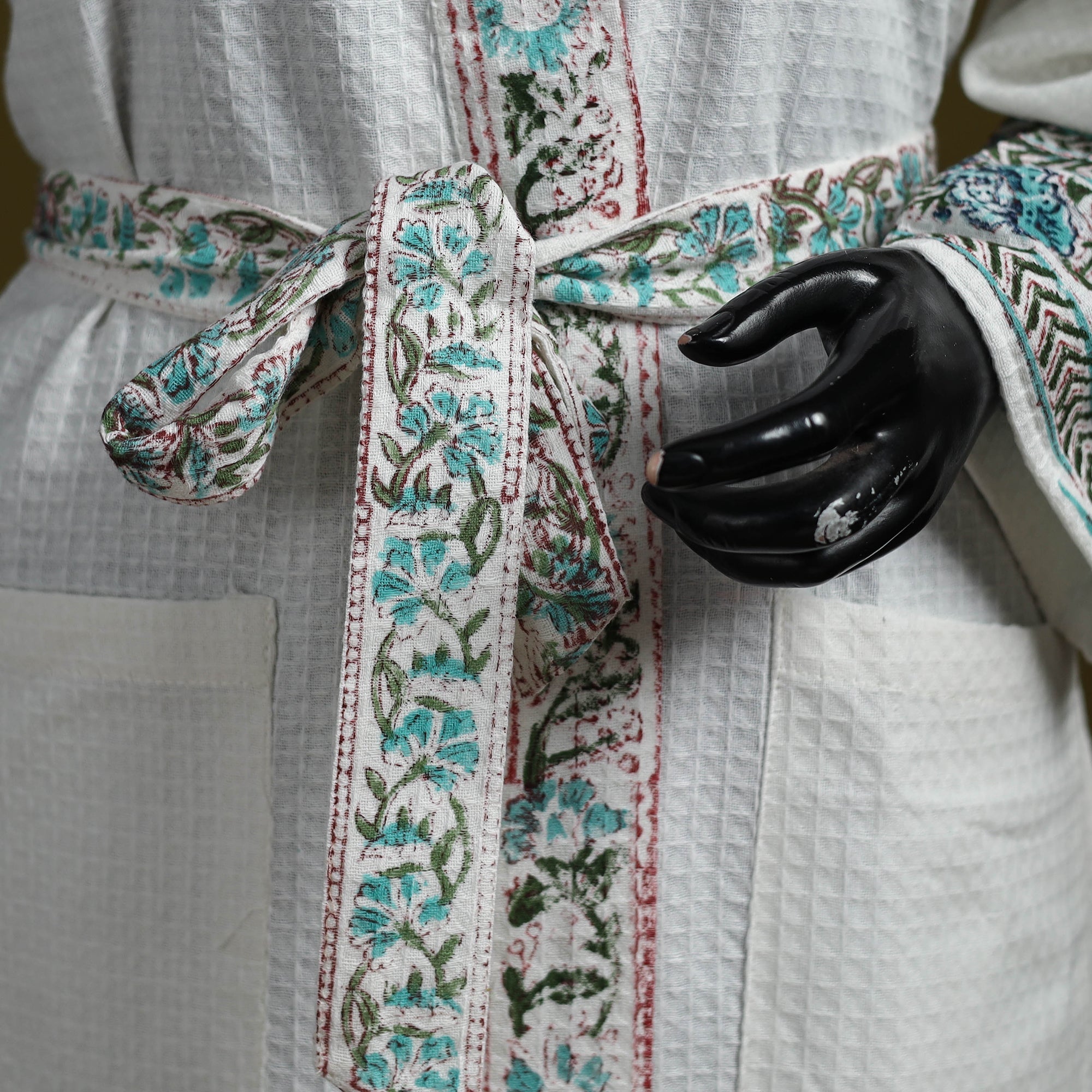 Bath Robe Needle White Sanganeri Block Print Waffle Weave Handwoven Bath Robe