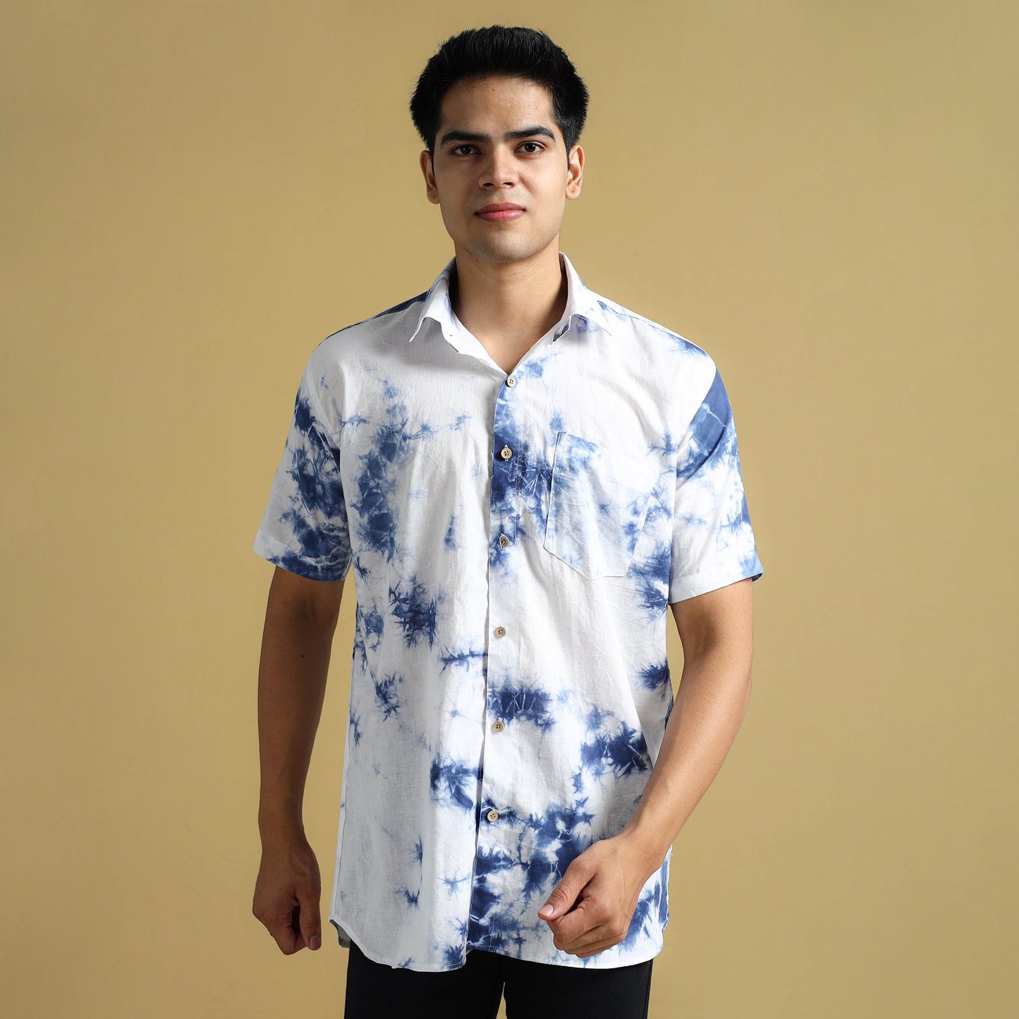White - Shibori Tie-Dye Cotton Men Half Sleeve Shirt 01