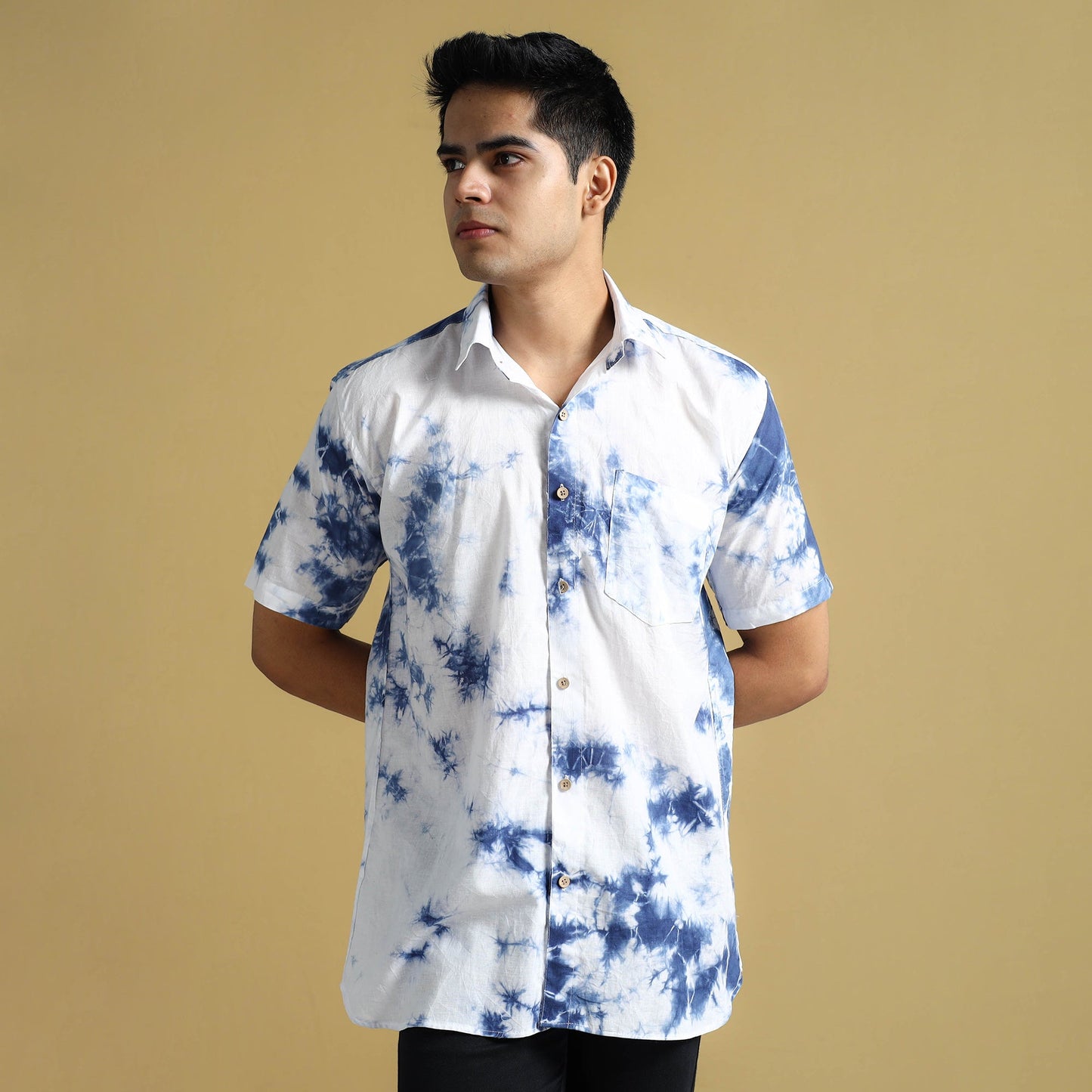 White - Shibori Tie-Dye Cotton Men Half Sleeve Shirt 01