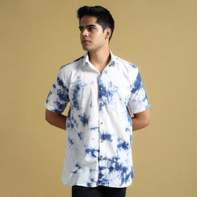 White - Shibori Tie-Dye Cotton Men Half Sleeve Shirt 01