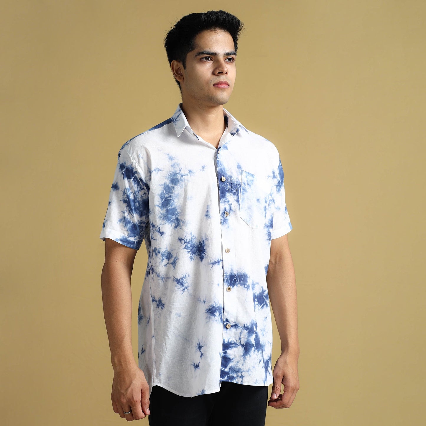 White - Shibori Tie-Dye Cotton Men Half Sleeve Shirt 01