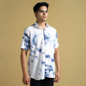White - Shibori Tie-Dye Cotton Men Half Sleeve Shirt 01
