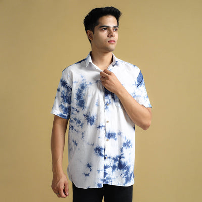 White - Shibori Tie-Dye Cotton Men Half Sleeve Shirt 01
