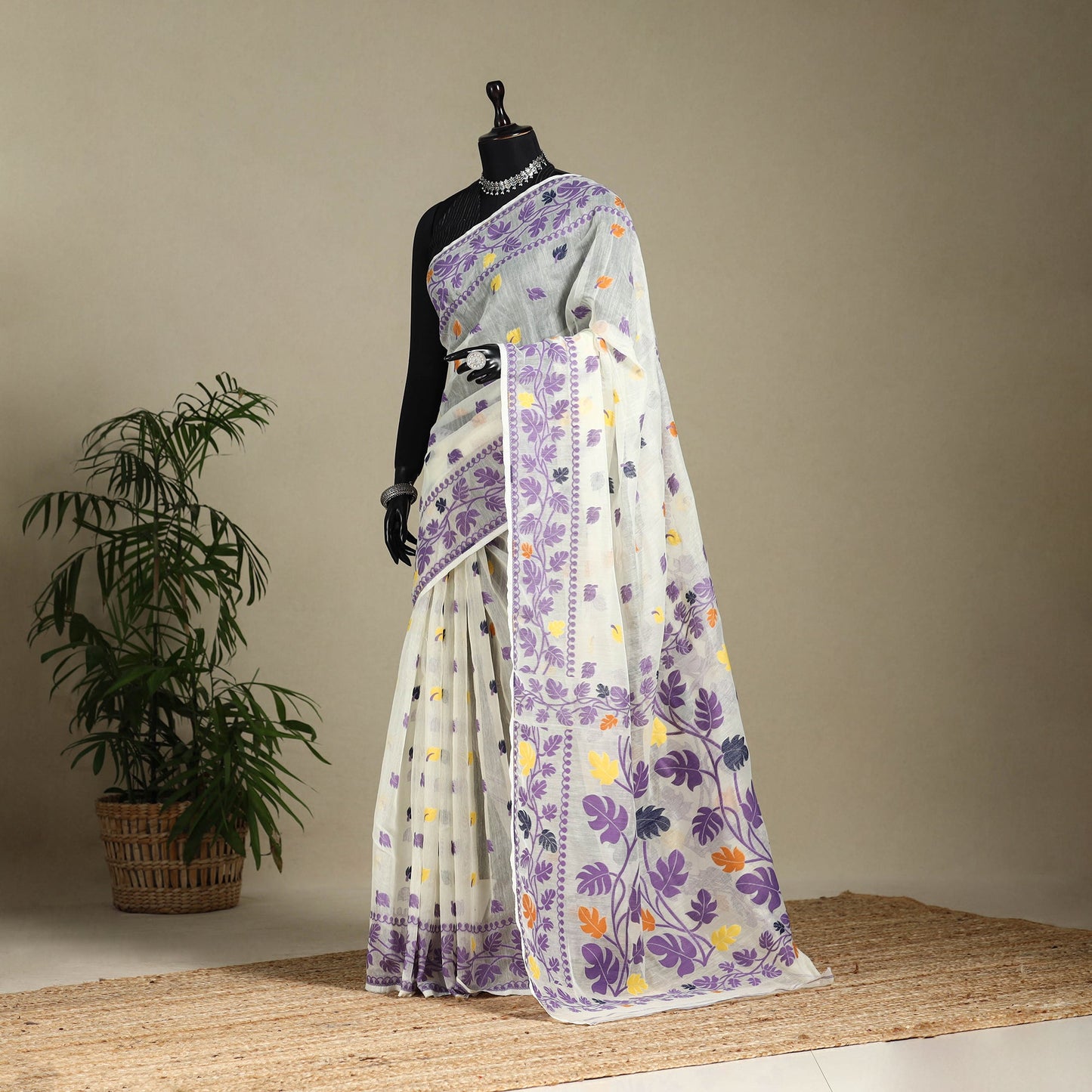 White - silk cotton dhakai jamdani saree 01 - handcrafted