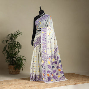 White - silk cotton dhakai jamdani saree 01 - handcrafted